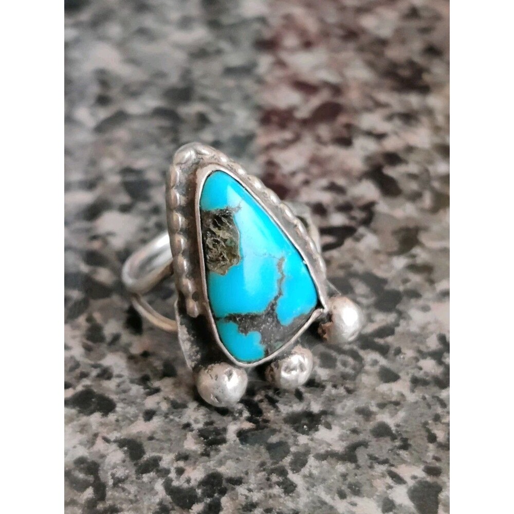 VTG Native American Signed Tested Sterling Silver Turquoise Stone Size 6 Ring 5g